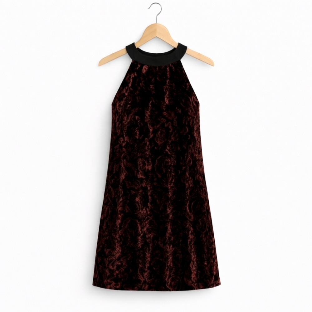 Torrid Burgundy Black Velour Paisley Halter Neck Mini Dress Sz 1